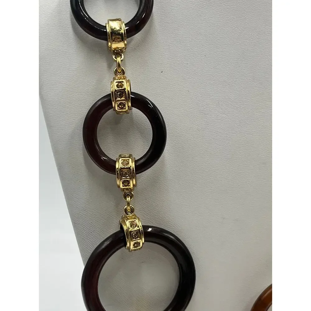 Kate Spade Faux Tortoise Shell Circle Gold Tone Links yellow rhinestone Necklace